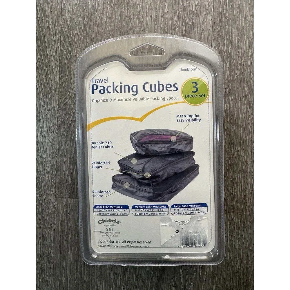 Cloudz Travel Packing Cubes 3 Piece Set Black Luggage Organizer Mesh Zip Bags